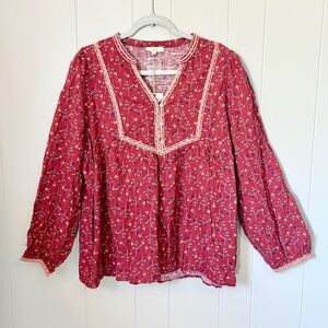 NWT Easel Los Angeles Peasant Shirt Red Floral Boho Embroidered Trim Large